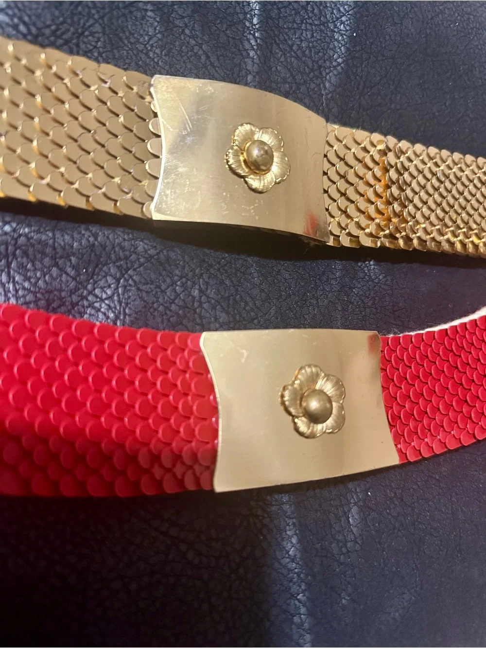Gold Floral Plate Stretch Belt in Red and Gold - Women's Accessory